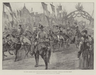 Äskettäin naimisissa oleva kruununprinssi ja Romanian prinsessa Bukarestissa saapumassa kuninkaanlinnaan tekijältä William Heysham Overend