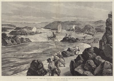 Niilin retkikunta hinaamassa valasveneitä joukkoineen toisen kaihien ensimmäisen portin läpi tekijältä William Heysham Overend