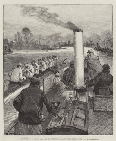 Oxford ja Cambridge Boat-Race, herra Muttlebury valmentamassa Cambridgen miehistöä Steam Launchista tekijältä William Heysham Overend