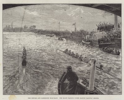 Oxford ja Cambridge Boat-Race, veneet kulkevat Barnesin rautatiesillan alta tekijältä William Heysham Overend