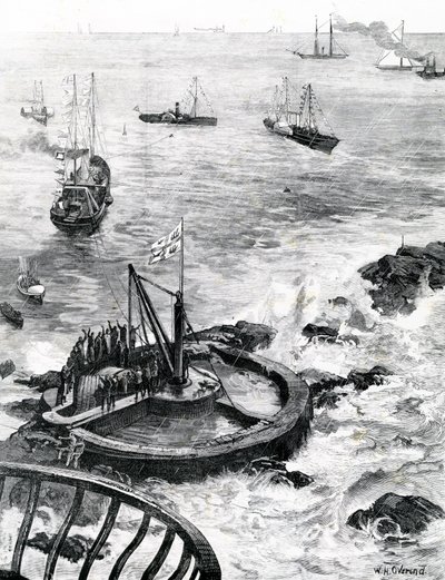 Walesin prinssi ja Edinburghin herttua laskemassa uuden Eddystonen majakan peruskiveä, kuvitus The Illustrated London Newsista, 1879 tekijältä William Heysham Overend