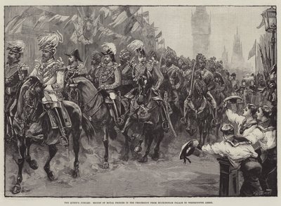 Kuningattaren juhlapäivä, kuninkaallisten prinssien saattaja kulkueessa Buckinghamin palatsista Westminster Abbeyyn tekijältä William Heysham Overend