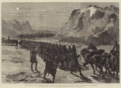 Kapina Kanadan luoteisalueella, siirtomaajoukot marssivat Nepigon Bayn jään yli, Yläjärvi (Lake Superior) tekijältä William Heysham Overend