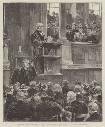 The Right Honorable W E Gladstone Oxfordissa pitämässä Romanes-luennon Sheldonian-teatterissa tekijältä William Heysham Overend