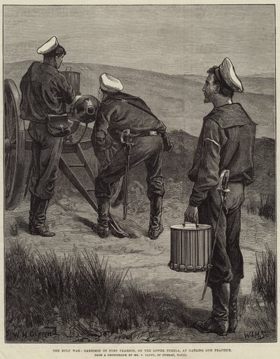 Zulujen sota, Fort Pearsonin varuskunta, Ala-Tugelassa, Gatlingin aseharjoittelussa tekijältä William Heysham Overend