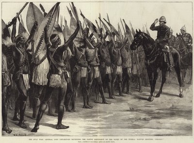 Zulu-sota, kenraali Lordi Chelmsford arvioi alkuperäiskontingenttia Tugelan rannoilla, alkuperäisasukkaat huutavat H-H-Ooo! tekijältä William Heysham Overend