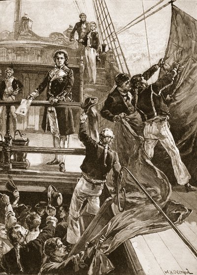 Kapina Spitheadissa: punaisen lipun laskeminen Royal George -aluksella, 1797, kuvitus teoksesta "Cassell