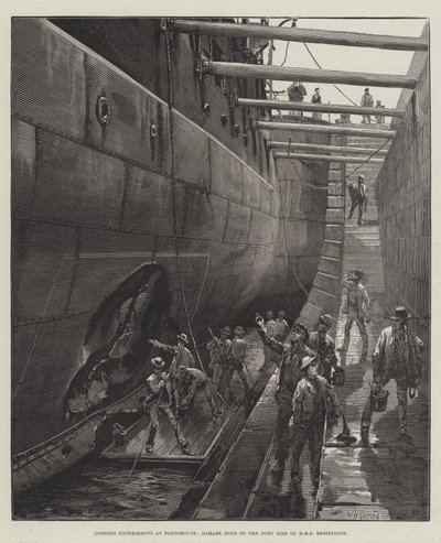 Torpedokokeet Portsmouthissa, vaurioita HMS Resistancen satamapuolelle tekijältä William Heysham Overend