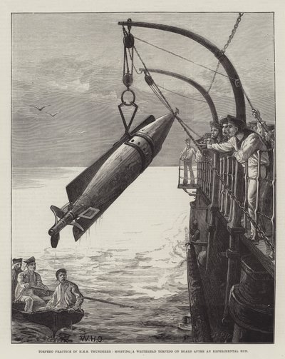 HMS Thundererin torpedoharjoitus, Whitehead-torpedon nostaminen alukseen kokeellisen ajon jälkeen tekijältä William Heysham Overend