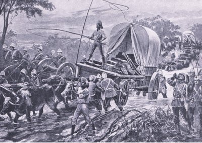 Zulusota: Estowen apujoukot ylittävät puron, huhtikuu 1879, kuvitus teoksesta British Battles on Land and Sea , 1915. tekijältä William Heysham Overend