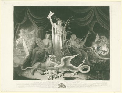 Allegoria Ison-Britannian vallasta, 1787 Brittiläisen kansakunnan kasvava loisto (otsikko esineessä) tekijältä William Hincks