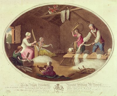 Yleiset menetelmät pellavan kovakuoriaistamiseen, siipimiseen ja hakkerointiin, levy IV julkaisusta "The Linen Manufactory of Ireland", 1791 (värillinen lito) tekijältä William Hincks