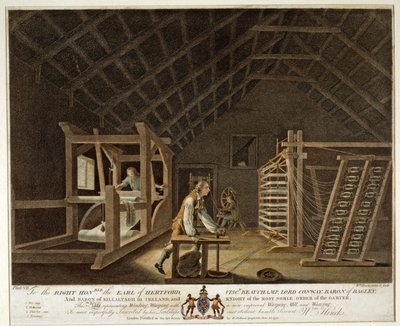 Käämitys, vääntäminen uudella parannetulla vääntelymyllyllä ja kudonta, Irlannin pellavamanufaktuurin levy VII, 1791 tekijältä William Hincks