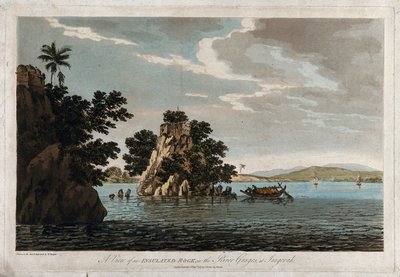 Näkymä eristetystä kalliosta Ganges-joessa Jangerahissa. tekijältä William Hodges