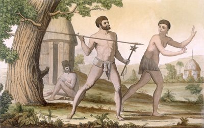 Uuden-Kaledonian asukkaat, "Costume dei..." (värikaiverrus) tekijältä William Hodges