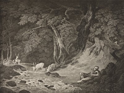 Ardenin metsä, näytös II, kohtaus I, "As You Like It", Boydell Shakespeare Gallerysta, julkaistu 1800-luvun lopulla tekijältä William Hodges