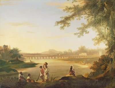 Marmalongin silta, jossa Sepoy ja alkuperäisasukkaat etualalla, n. 1783 tekijältä William Hodges