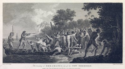 Rantautuminen Erramangaan (tai Eromangaan), joka on yksi Vanuatun (entiset Uudet Hebridit, saaristo Tyynellämerellä) saarista, jossa kanootin miehistö taistelee saaren sotureita vastaan. tekijältä William Hodges