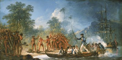 Laskeutuminen Tannalle (Tana), joka on yksi Uusista Hebrideistä. tekijältä William Hodges