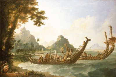 Otaheiten saaren (Tahiti) ja Seurasaarten sotalaivat, näkymä Ohanenenon sataman osaan Ulietan saarella, joka on yksi Seurasaarista. tekijältä William Hodges