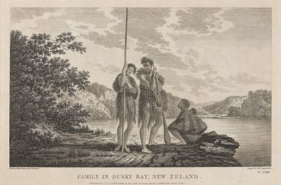 Näkymä saaristolahdelle (Dusky Bay) (Uusi-Seelanti), jossa on maoriperhe. Kaiverrus (33,9x47,1 cm) William Hodgesin (1744-1797) piirroksesta, noin 1785. tekijältä William Hodges
