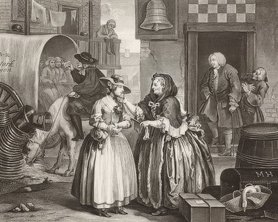 Porton edistyminen / Huoran tie, Arkki 1: Saapuminen Lontooseen. 1732 tekijältä William Hogarth