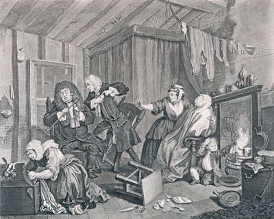 Porton edistyminen, levy viisi: Vanhenee, kun lääkärit kiistelevät, 1732 (etsaus ja kaiverrus) tekijältä William Hogarth