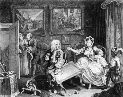 Porton edistyminen, levy II, riitaa juutalaisen suojelijansa kanssa tekijältä William Hogarth