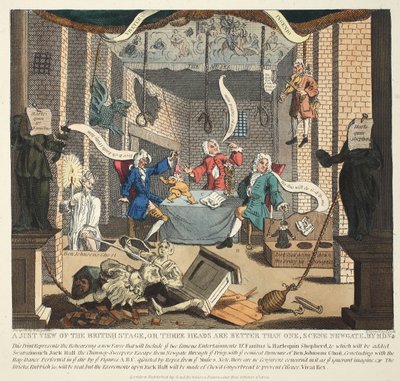 Vain näkymä British Stagesta tai Kolme päätä on parempi kuin yksi, 1724, kuvitus teoksesta "Hogarth Restored: The Whole Works of kuuluisan William Hogarthin, uudelleenkaiverrettu Thomas Cook", pub. 181 tekijältä William Hogarth