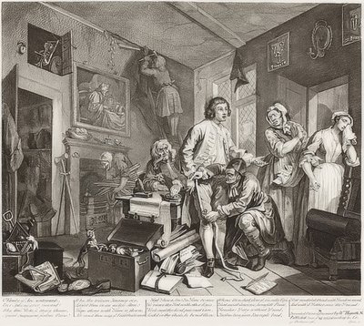 A Rake? S Progress, levy 1: Rake ottaa hänen kiinteistönsä haltuunsa / Der Weg eines Liederlichen, Blatt 1: Die Erbschaft. 1735 tekijältä William Hogarth