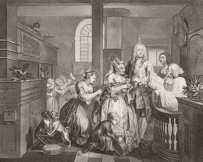 A Rake? S Progress, levy 5: Rake naimisiin vanhan naisen kanssa / The Path of Dissolute, Sheet 5: Tom Rakewell menee naimisiin rikkaan vanhan naisen kanssa). 1735 tekijältä William Hogarth