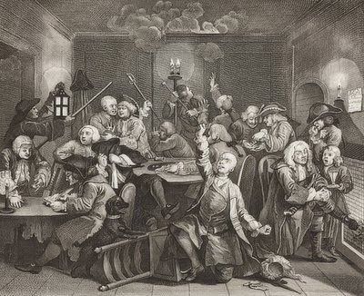 A Rake? S Progress, levy 6: Rake pelitalossa, taulukko 6: Tom Rakewell uhkapeliluolassa. 1735 tekijältä William Hogarth