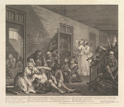 A Rakes Progress, levy 8, [25. kesäkuuta 1735] julkaistu uudelleen 1763. tekijältä William Hogarth