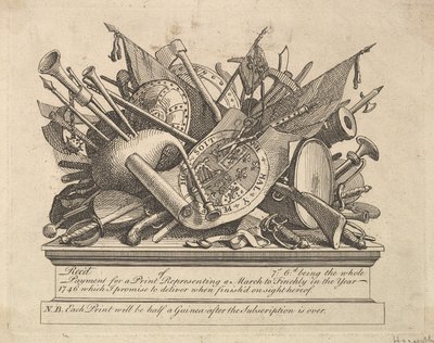 Aseet, musiikki-instrumentit jne., maaliskuu 1749-50. tekijältä William Hogarth