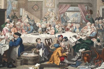 Election Entertainment, kuvitus teoksesta "Hogarth Restored: The Whole Works of kuuluisan William Hogarthin, uudelleenkaiverrettu Thomas Cook", pub. 1812 (käsinvärinen kaiverrus) tekijältä William Hogarth