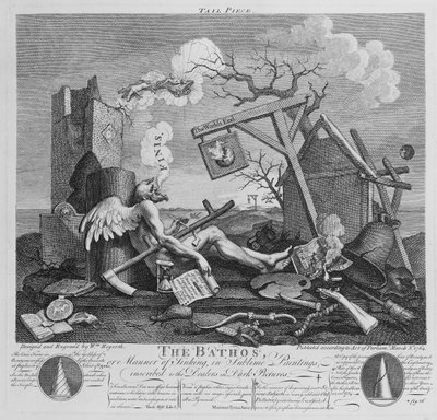Bathos, uppoamisen tapa, yleväissä maalauksissa, joihin on kaiverrettu Dealers in Dark Pictures, 1764 tekijältä William Hogarth