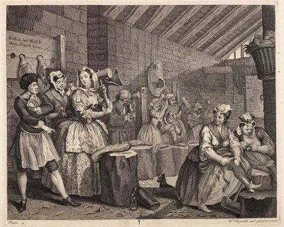 Hampun hakkaaminen Bridewellissä: Ilotytön vaiheita, laatta 4 tekijältä William Hogarth