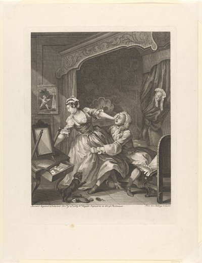 "Ennen" Mies vetää vastahakoisen naisen luokseen makuuhuoneessa ennen (otsikko objektissa) Ennen ja jälkeen (sarjan nimi) Ennen ja jälkeen (sarjan nimi) tekijältä William Hogarth