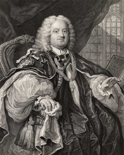 Benjamin Hoadly, kaiverrettu Benjamin Hollin (1808-84) teoksesta "The Works of Hogarth", julkaistu 1833. tekijältä William Hogarth