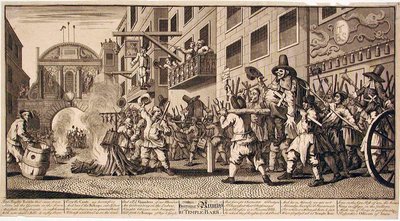 Rumpsin polttaminen Temple Barissa tekijältä William Hogarth