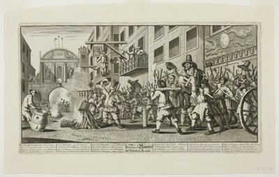 Rumpsin polttaminen Temple Barissa, levy yksitoista Hudibras-romaanista. tekijältä William Hogarth