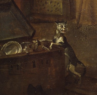 Kissa, jolla on rinta, yksityiskohta elokuvasta A Rakes Progress I: The Rake Taking Possession of his Estate, 1733 öljy kankaalle yksityiskohta numerosta 72326 tekijältä William Hogarth
