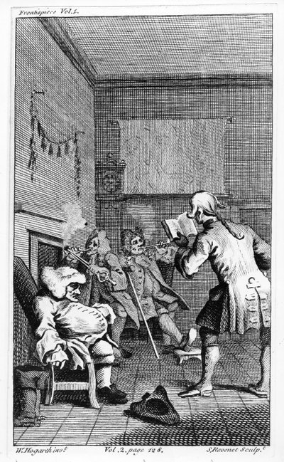 Korpraali Trim lukemassa saarnaa, Laurence Sternen teoksessa "Tristram Shandyn, herrasmiehen elämä ja mielipiteet", kaiverrus Simon Francois Ravenet, 1759. tekijältä William Hogarth