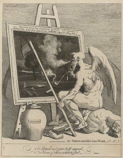 Ajan jumala polttaa maalauksen (Time Smoking a Picture). 1761 tekijältä William Hogarth