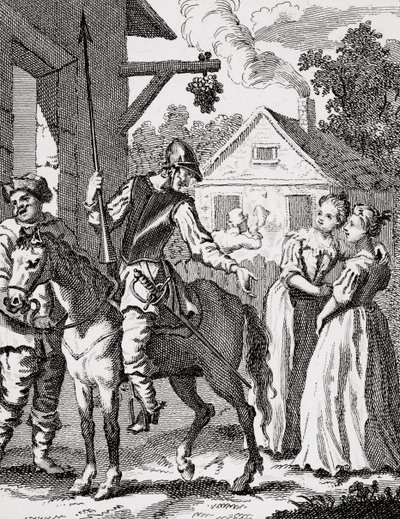Don Quijote ja Sancho Panza majatalossa, julkaistu 1798 tekijältä William Hogarth