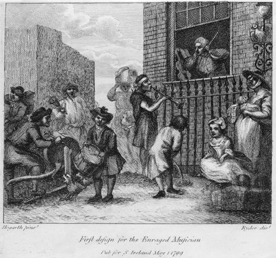 Ensimmäinen suunnittelu raivostuneelle muusikolle, 1799 tekijältä William Hogarth