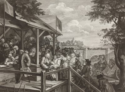 Neljä printtiä vaaleista / Yleisvaalit. Arkki 3: Äänestys / Äänestys. 1758 tekijältä William Hogarth