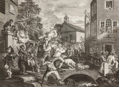 Neljä printtiä vaaleista / Yleisvaalit. Arkki 4: Jäsenten puheenjohtajuus / Kansanedustajien voittokulkue. 1758 tekijältä William Hogarth