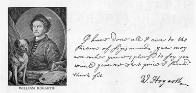 William Hogarthin käsiala ja allekirjoitus kirjeestä Sir Richard Grosvenorille, joka koski hänen Sigismundan kuvan tilaamista 13. kesäkuuta 1757 (kynä ja muste paperille) (katso myös 396067) tekijältä William Hogarth