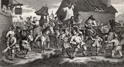 Hudibras kohtaa Skimingtonin, kaivertanut T.E. Nicholson, "Hudibras", Samuel Butler (1612-80) teoksesta "The Works of Hogarth", julkaistu 1833 tekijältä William Hogarth